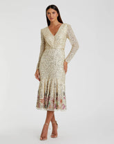 Gold Multicolor Faux Wrap Long Sleeve Tea Length Dress